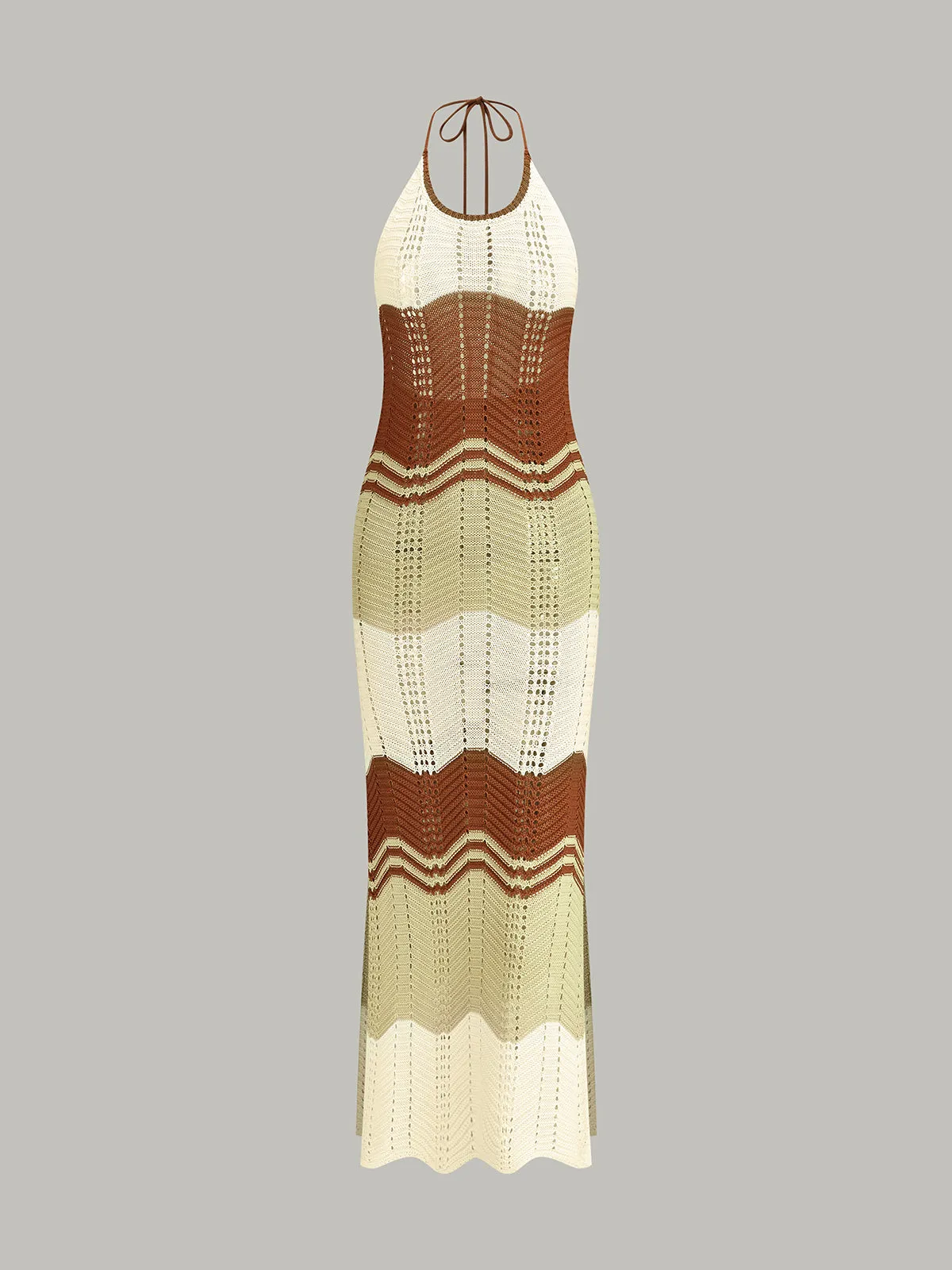 Contrast Stripe Crochet Halter-Neck Maxi Dress sold by COMMENSE