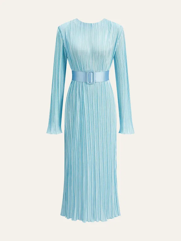 Belted Pleated Long-Sleeve Midi Dress sold by COMMENSE