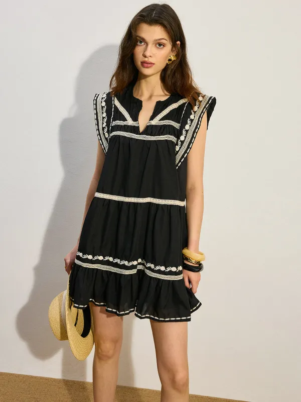 Embroidered Mini Dress with Ruffle Hem made by COMMENSE