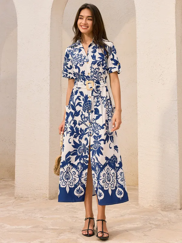 Pocketed Belted Floral Print Midi Dress sold by COMMENSE