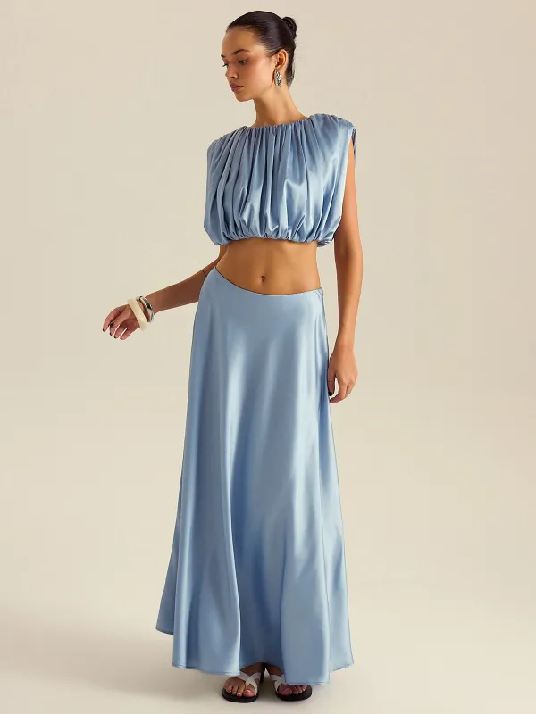 Ruched Crop Top Skirt Set sold by COMMENSE