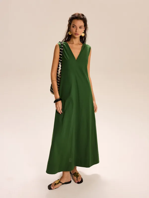 Linen & Cotton Pocketed V-Neck Maxi Dress sold by COMMENSE