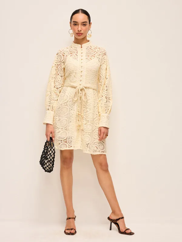 Semi-Sheer Lace Belted Dress sold by COMMENSE