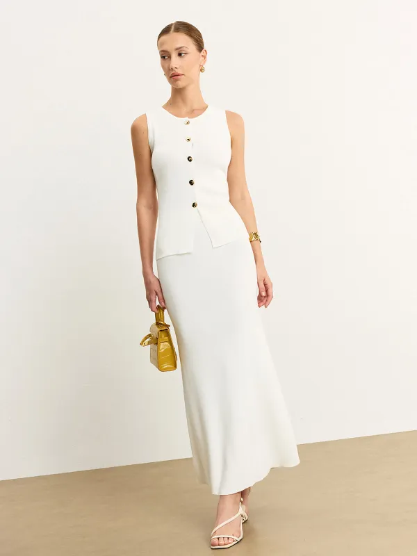 Sleeveless Button-Front Knit Skirt Set sold by COMMENSE