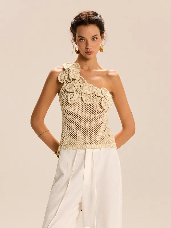 One-Shoulder Floral Crochet Knit Top sold by COMMENSE