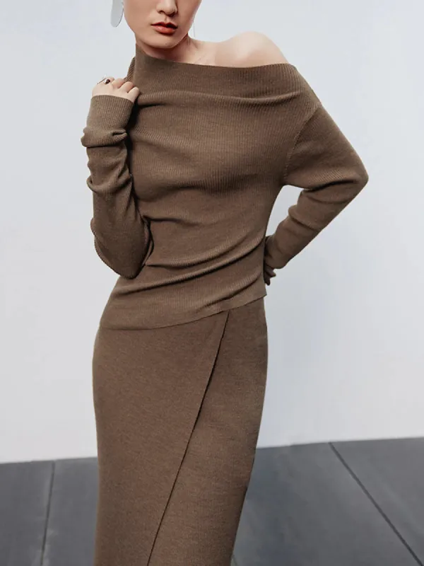 Caramel Asymmetric Neckline Long Sleeve Knit Top sold by COMMENSE