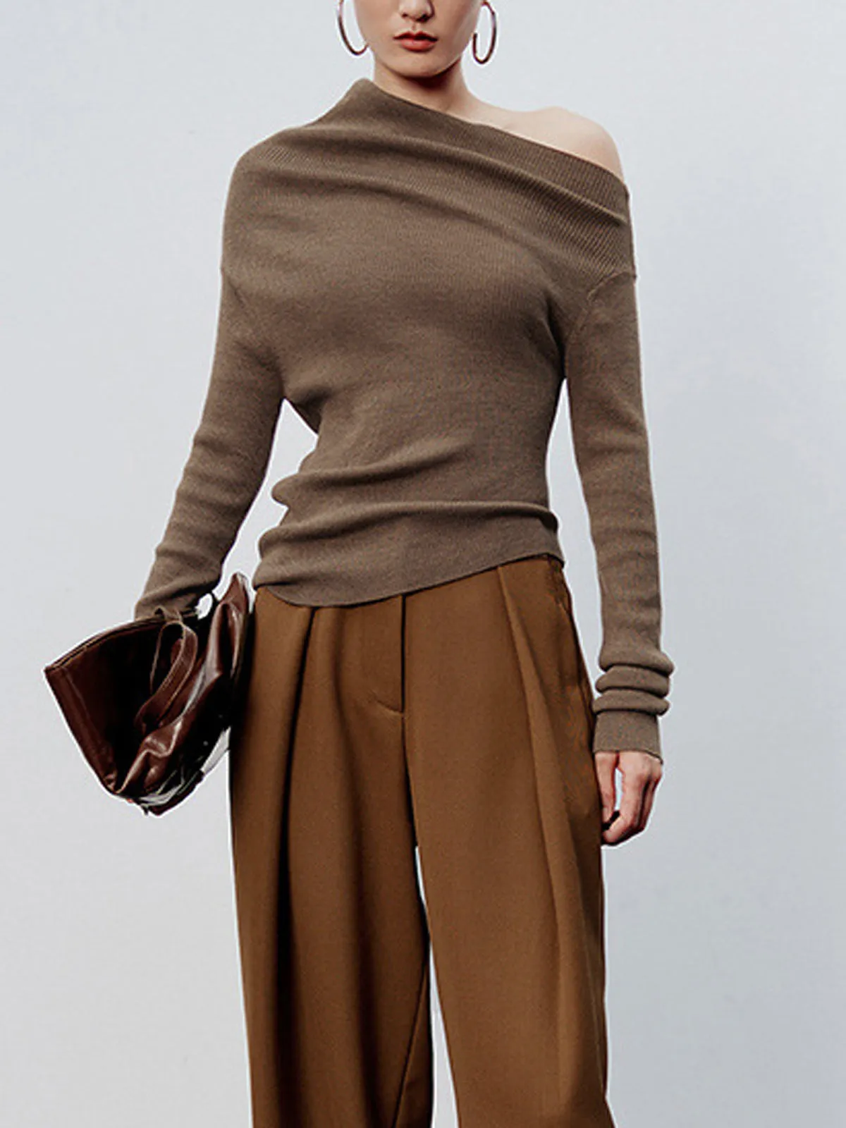 Caramel Asymmetric Neckline Long Sleeve Knit Top sold by COMMENSE product image thumbnail 2