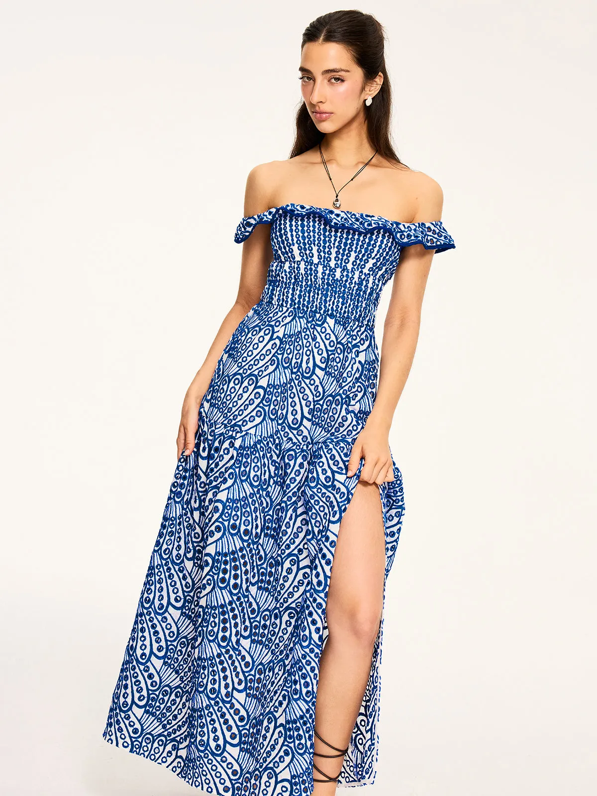 Semi-Sheer Embroidered Maxi Dress with Ruffled Trim sold by COMMENSE product image thumbnail 2