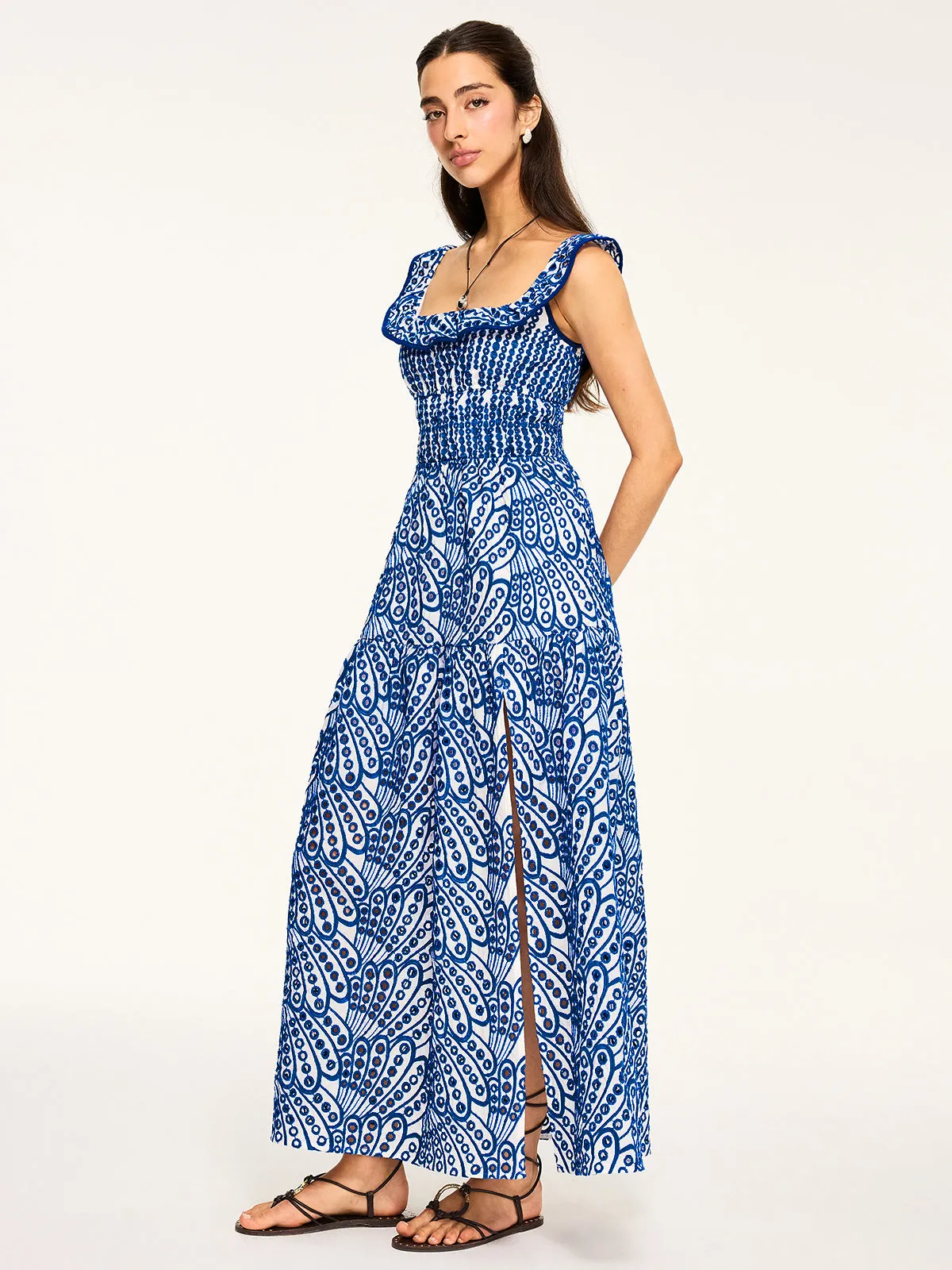 Semi-Sheer Embroidered Maxi Dress with Ruffled Trim sold by COMMENSE product image thumbnail 4