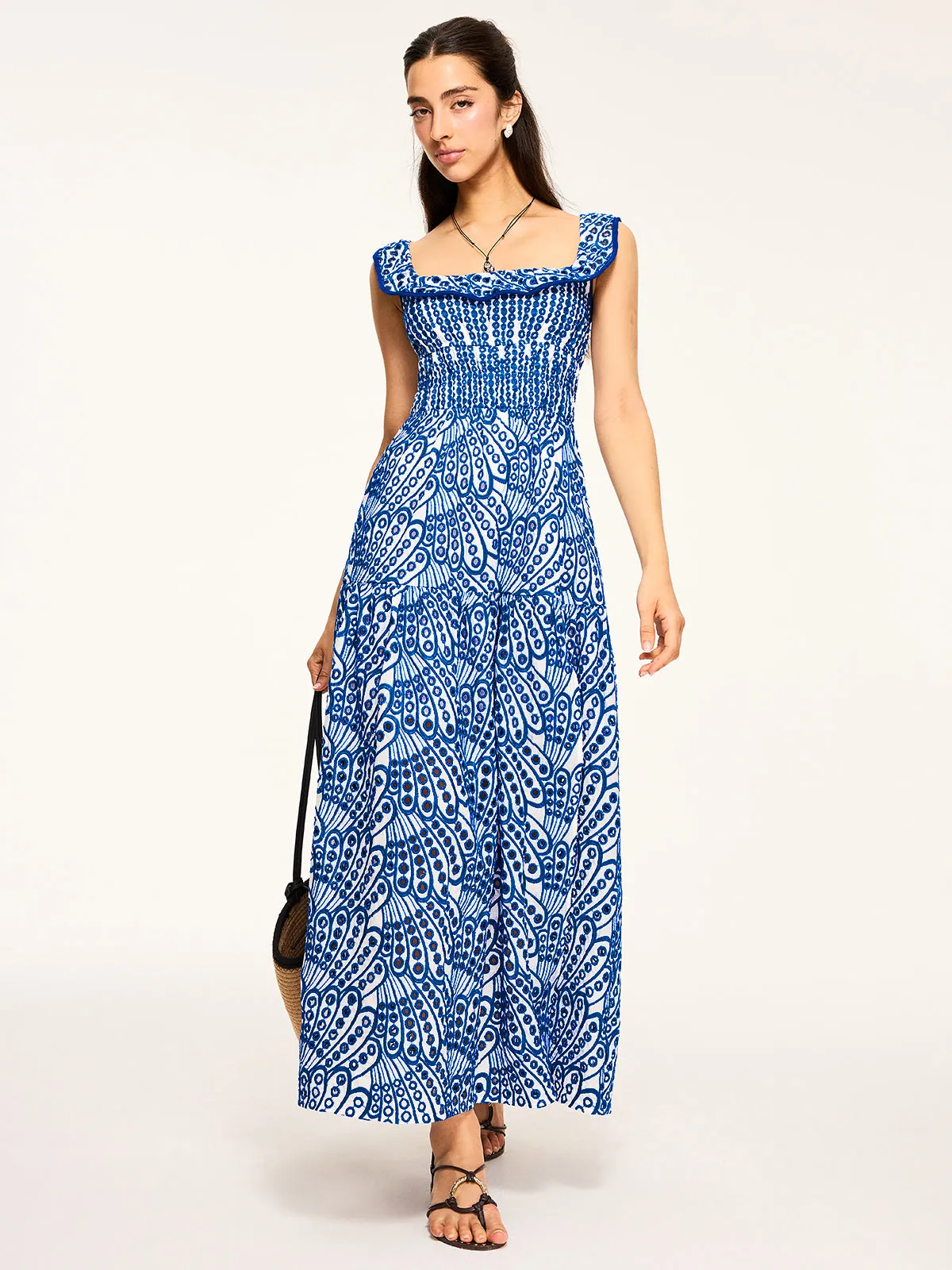 Semi-Sheer Embroidered Maxi Dress with Ruffled Trim sold by COMMENSE