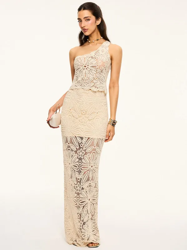 One-Shoulder Crochet Crop Top and Maxi Skirt Set sold by COMMENSE
