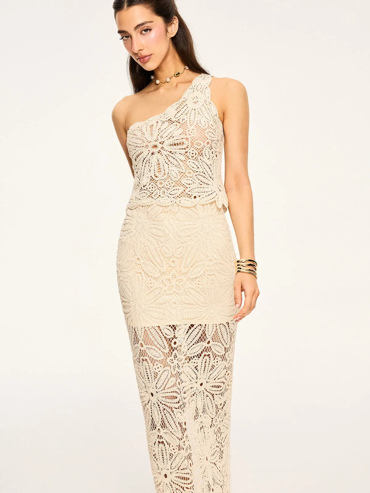 One-Shoulder Crochet Crop Top and Maxi Skirt Set sold by COMMENSE product image thumbnail 4