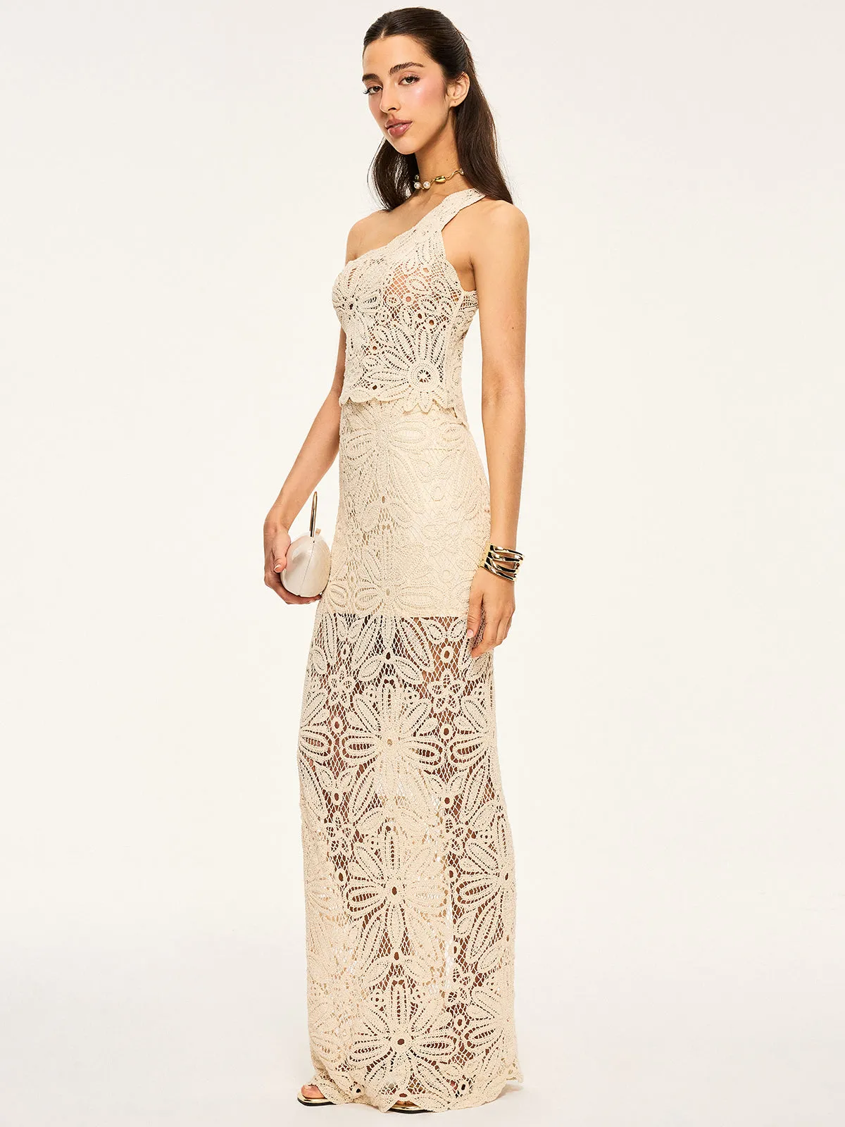 One-Shoulder Crochet Crop Top and Maxi Skirt Set sold by COMMENSE product image thumbnail 2