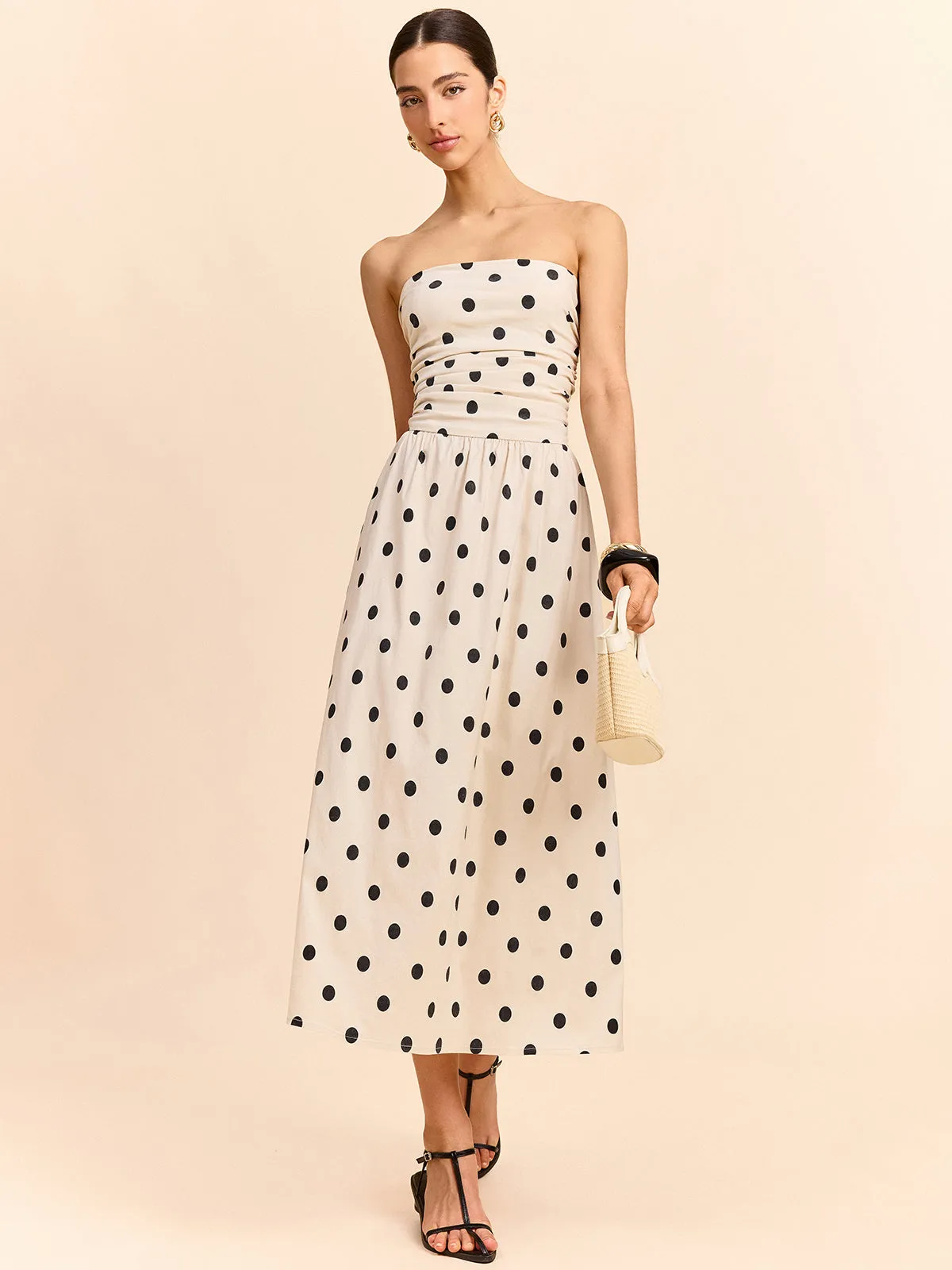 Strapless Polka Dot Ruched Midi Dress sold by COMMENSE
