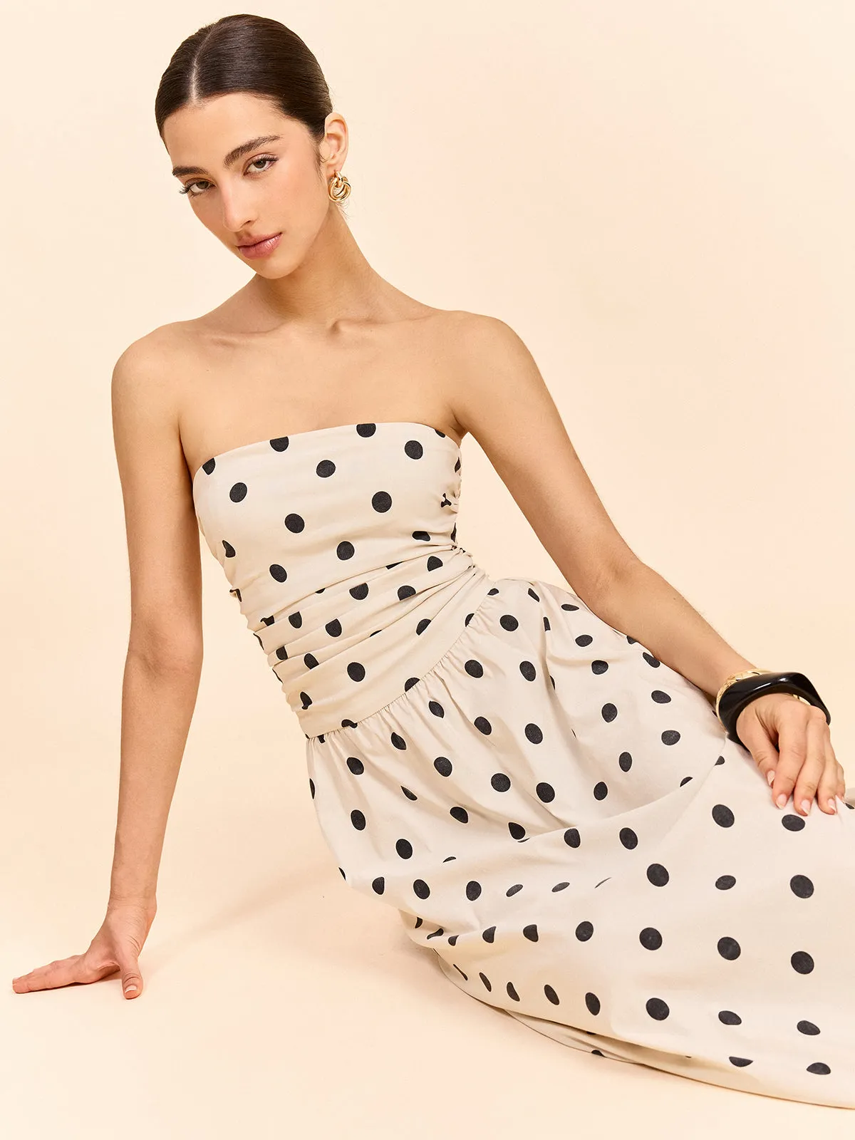 Strapless Polka Dot Ruched Midi Dress sold by COMMENSE product image thumbnail 4