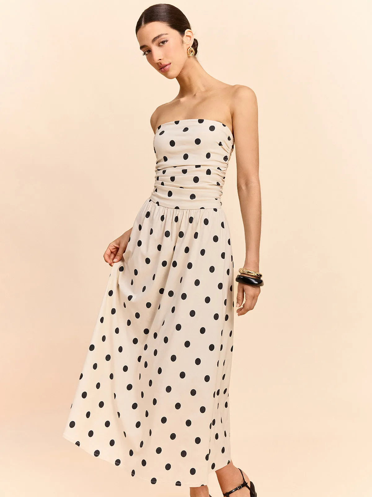 Strapless Polka Dot Ruched Midi Dress sold by COMMENSE product image thumbnail 2