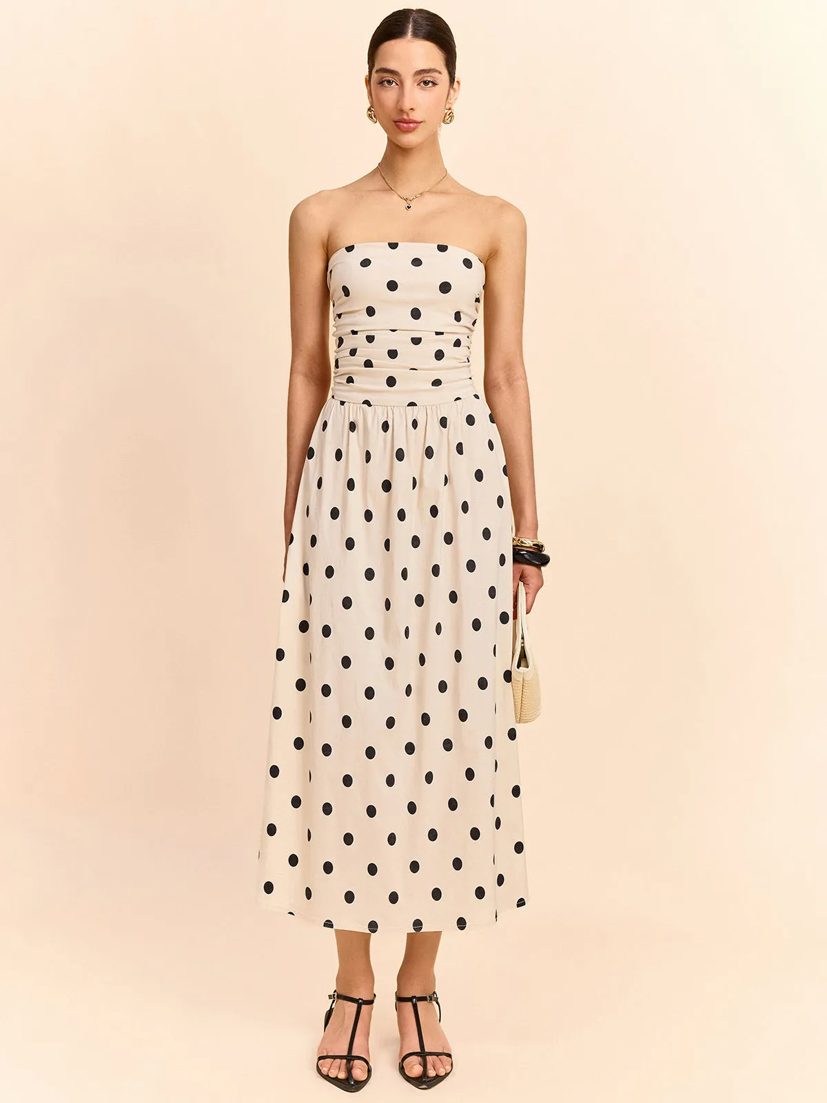 Strapless Polka Dot Ruched Midi Dress sold by COMMENSE product image thumbnail 3