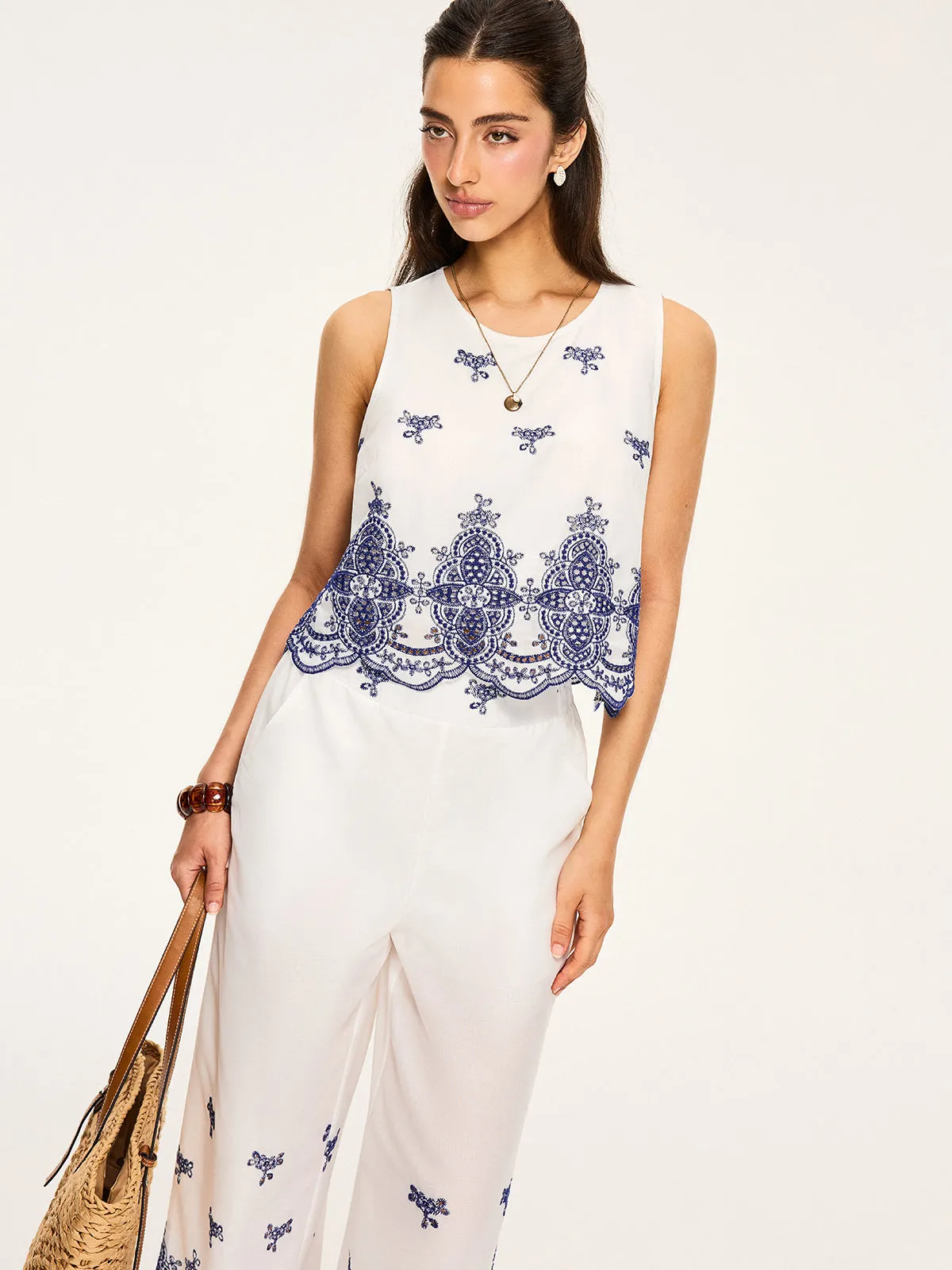 Embroidered Cropped Top and Wide-Leg Pants Set sold by COMMENSE product image thumbnail 2