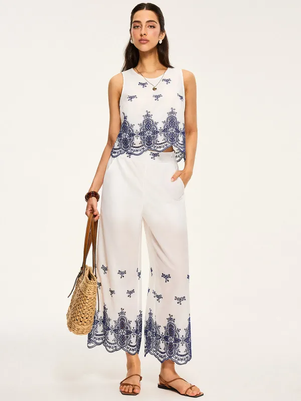 Embroidered Cropped Top and Wide-Leg Pants Set sold by COMMENSE