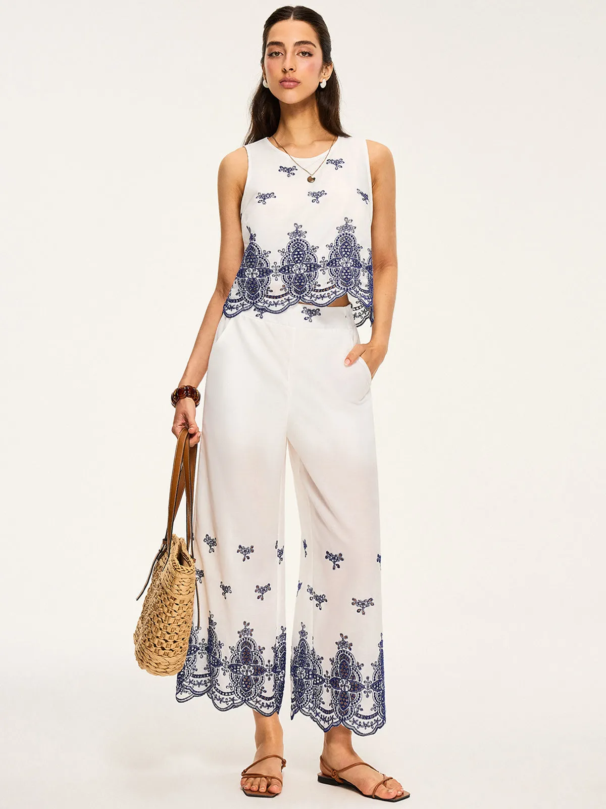 Embroidered Cropped Top and Wide-Leg Pants Set sold by COMMENSE
