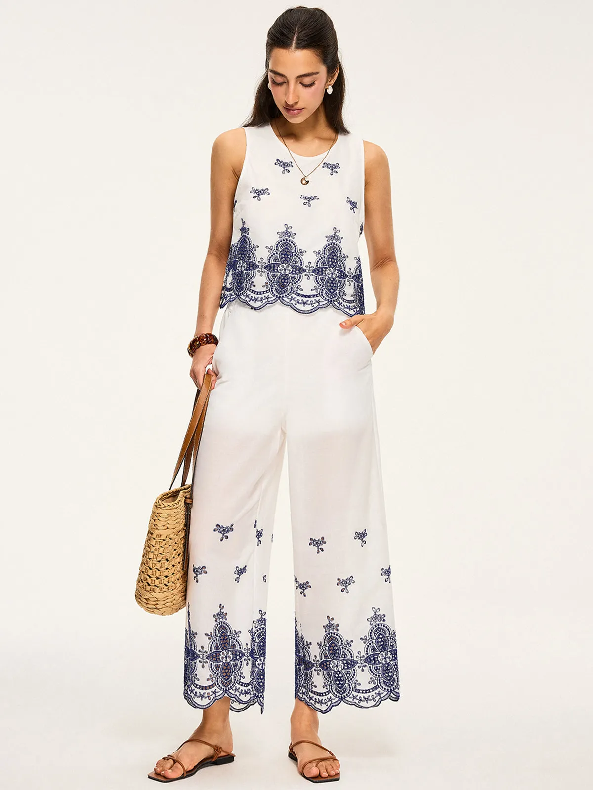 Embroidered Cropped Top and Wide-Leg Pants Set sold by COMMENSE product image thumbnail 4