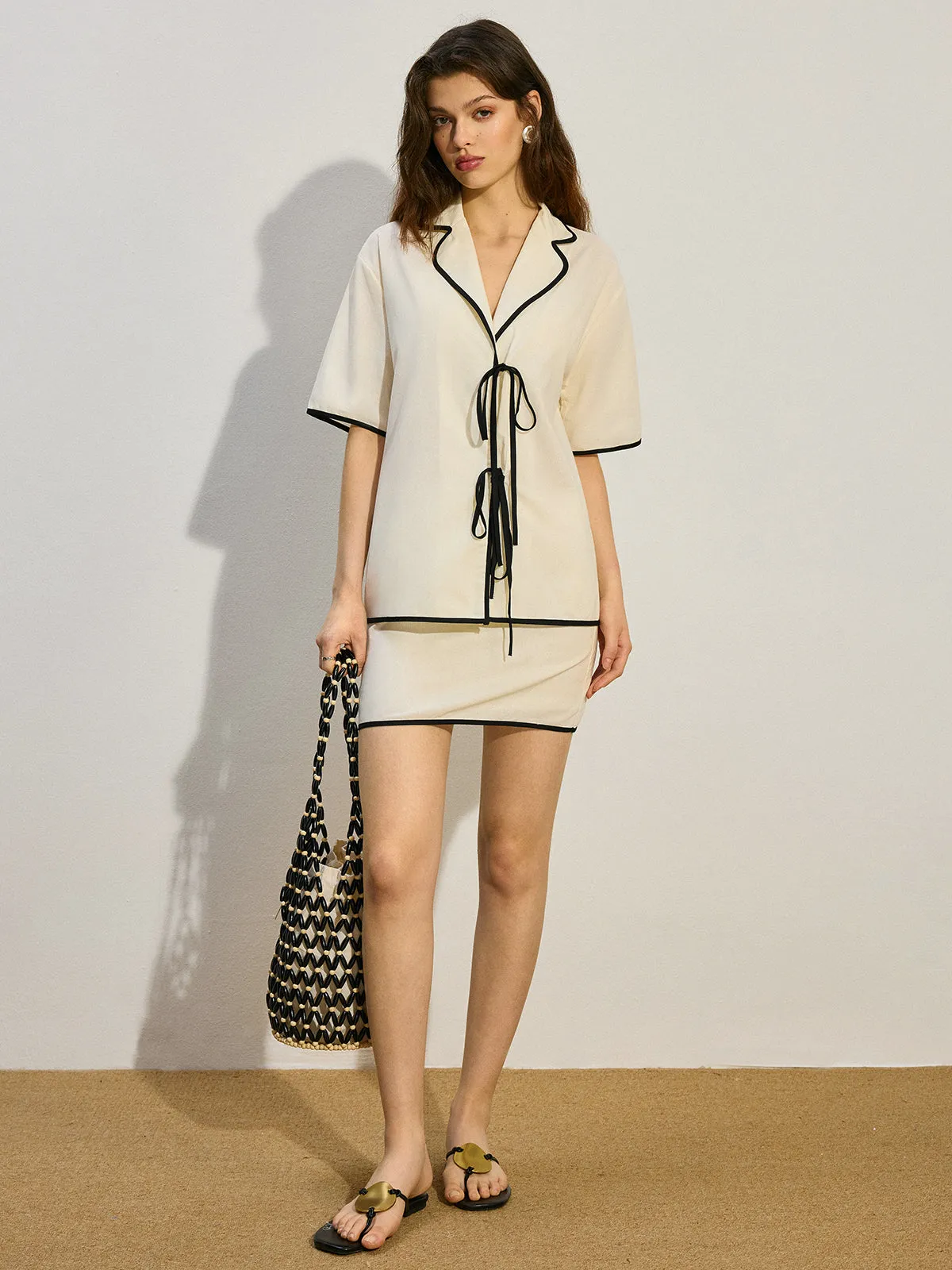 Contrast Trim Tie-Front Skirt Set sold by COMMENSE product image thumbnail 3