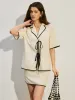 Contrast Trim Tie-Front Skirt Set sold by COMMENSE