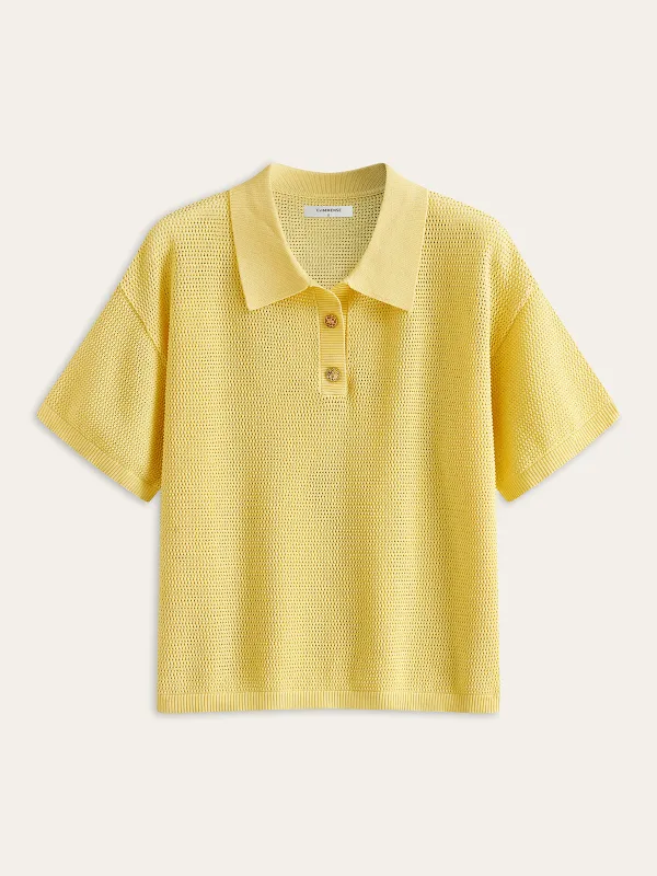 Mesh-Knit Polo-Style Top sold by COMMENSE