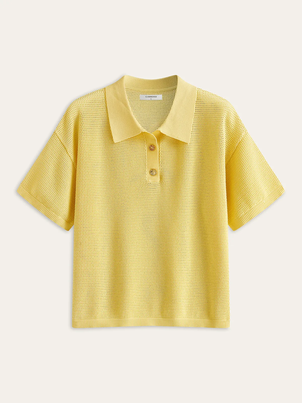 Mesh-Knit Polo-Style Top sold by COMMENSE