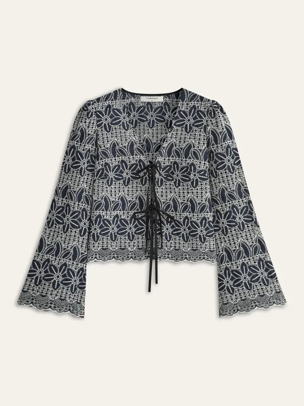 Embroidered Blouse with Tie-Front sold by COMMENSE