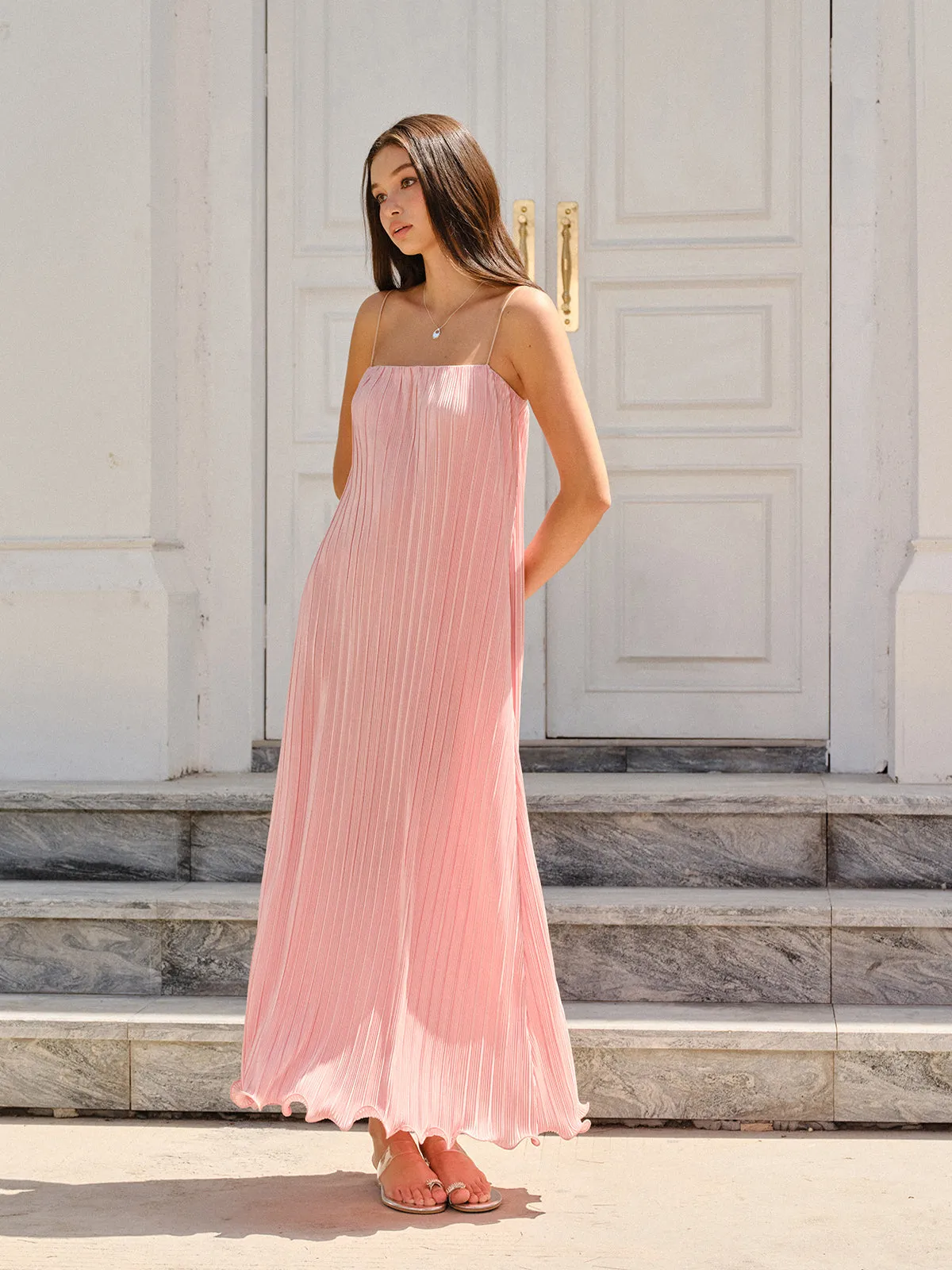 Spaghetti-Strapped Vertical-Pleated Maxi Dress sold by COMMENSE
