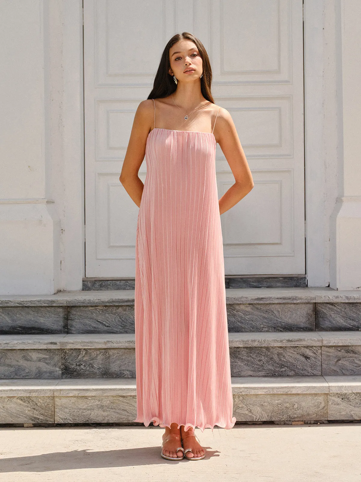 Spaghetti-Strapped Vertical-Pleated Maxi Dress sold by COMMENSE product image thumbnail 4