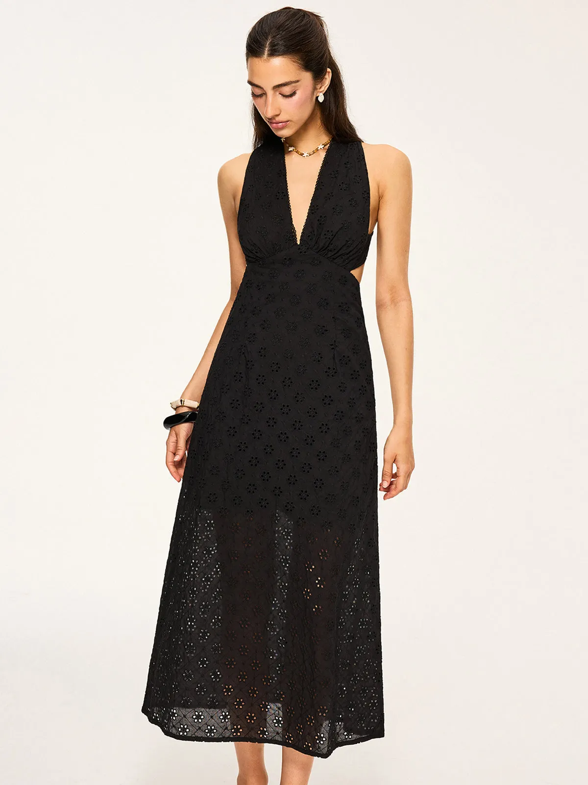Semi-Sheer Eyelet Backless Criss-Cross Midi Dress sold by COMMENSE product image thumbnail 2