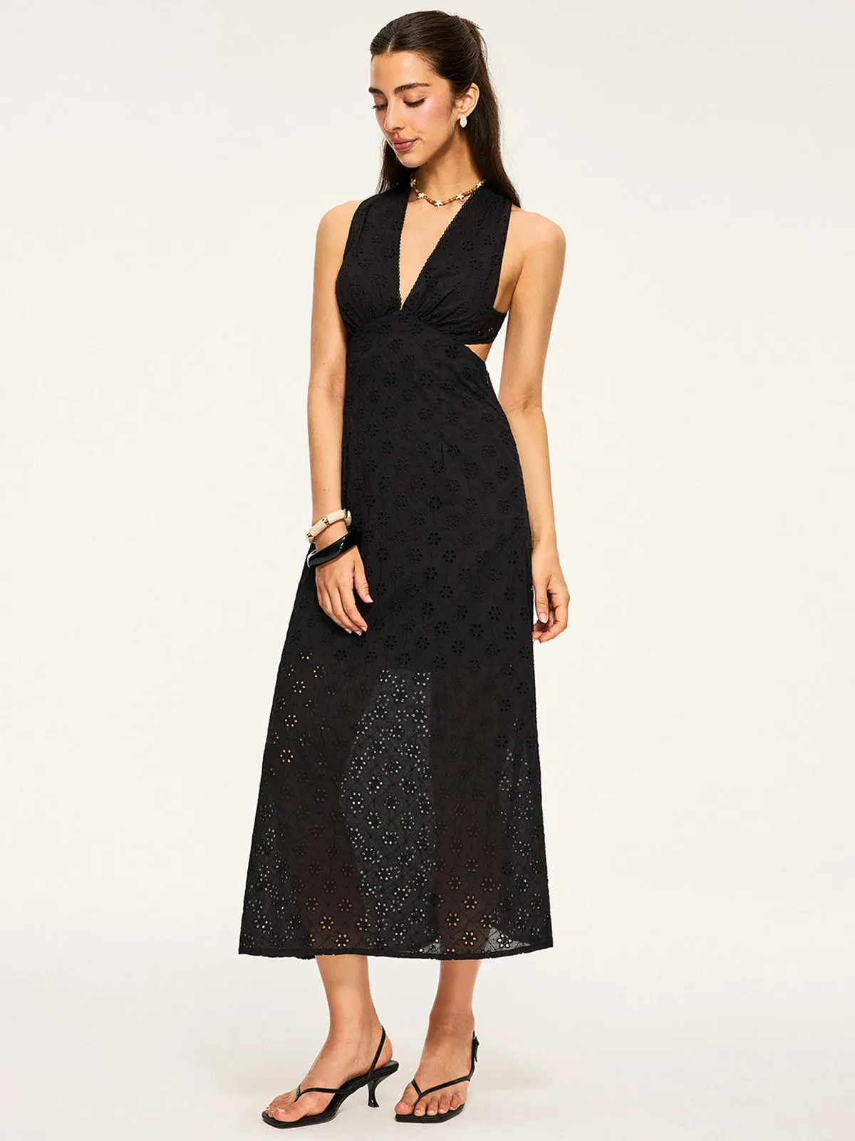 Semi-Sheer Eyelet Backless Criss-Cross Midi Dress sold by COMMENSE product image thumbnail 3