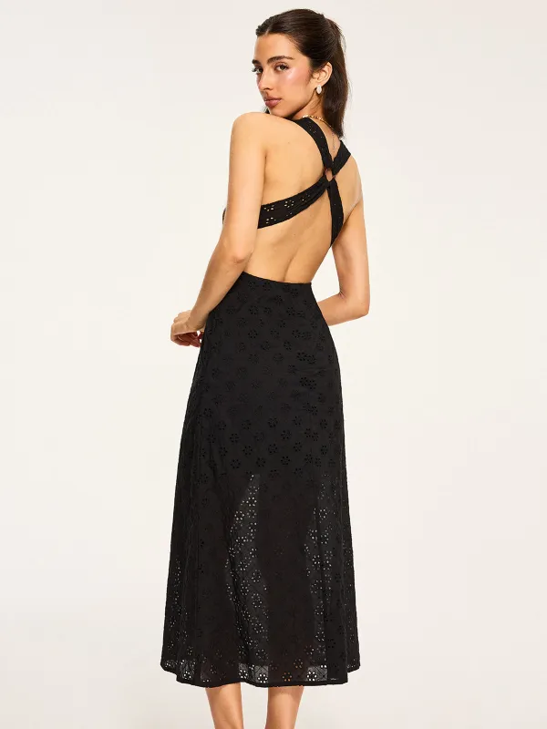 Semi-Sheer Eyelet Backless Criss-Cross Midi Dress sold by COMMENSE