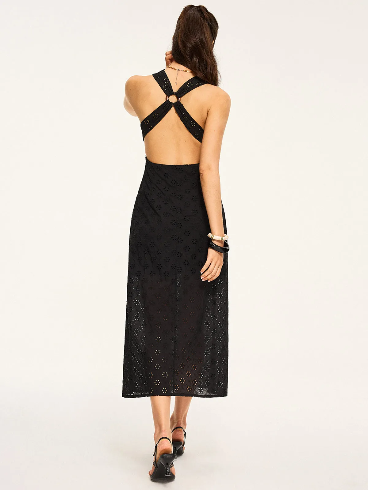 Semi-Sheer Eyelet Backless Criss-Cross Midi Dress sold by COMMENSE product image thumbnail 5