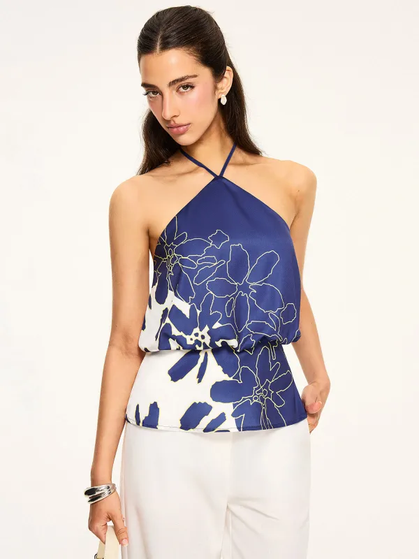 Floral Print Halter Backless Top sold by COMMENSE