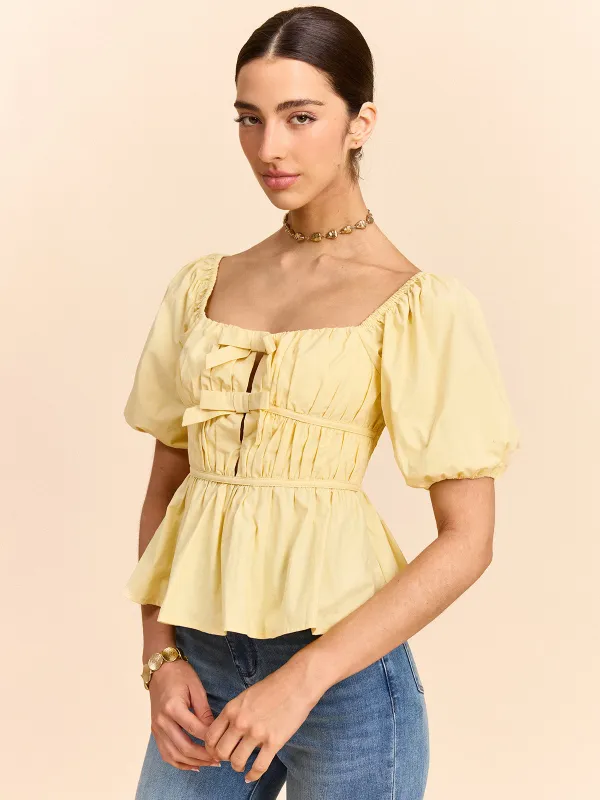 Puff Sleeve Bow Detail Top sold by COMMENSE