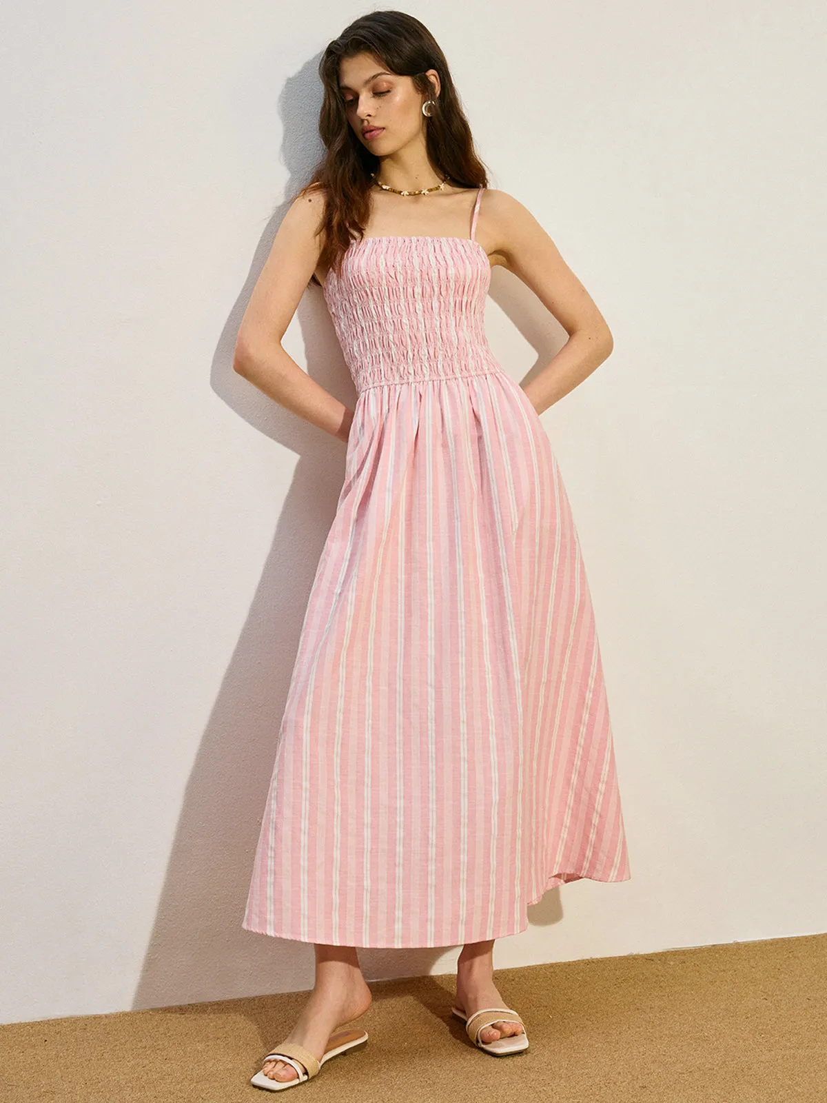 Pocketed Striped Shirred Maxi Dress sold by COMMENSE product image thumbnail 5