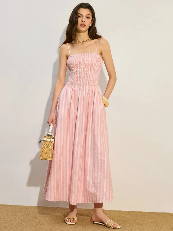 Pocketed Striped Shirred Maxi Dress sold by COMMENSE