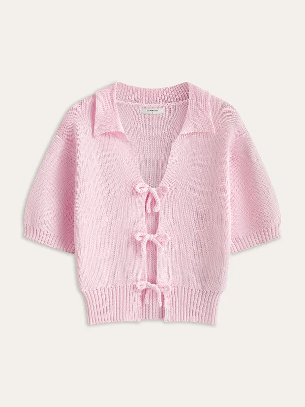 Short-Sleeved Knit Top with Bow Detail sold by COMMENSE