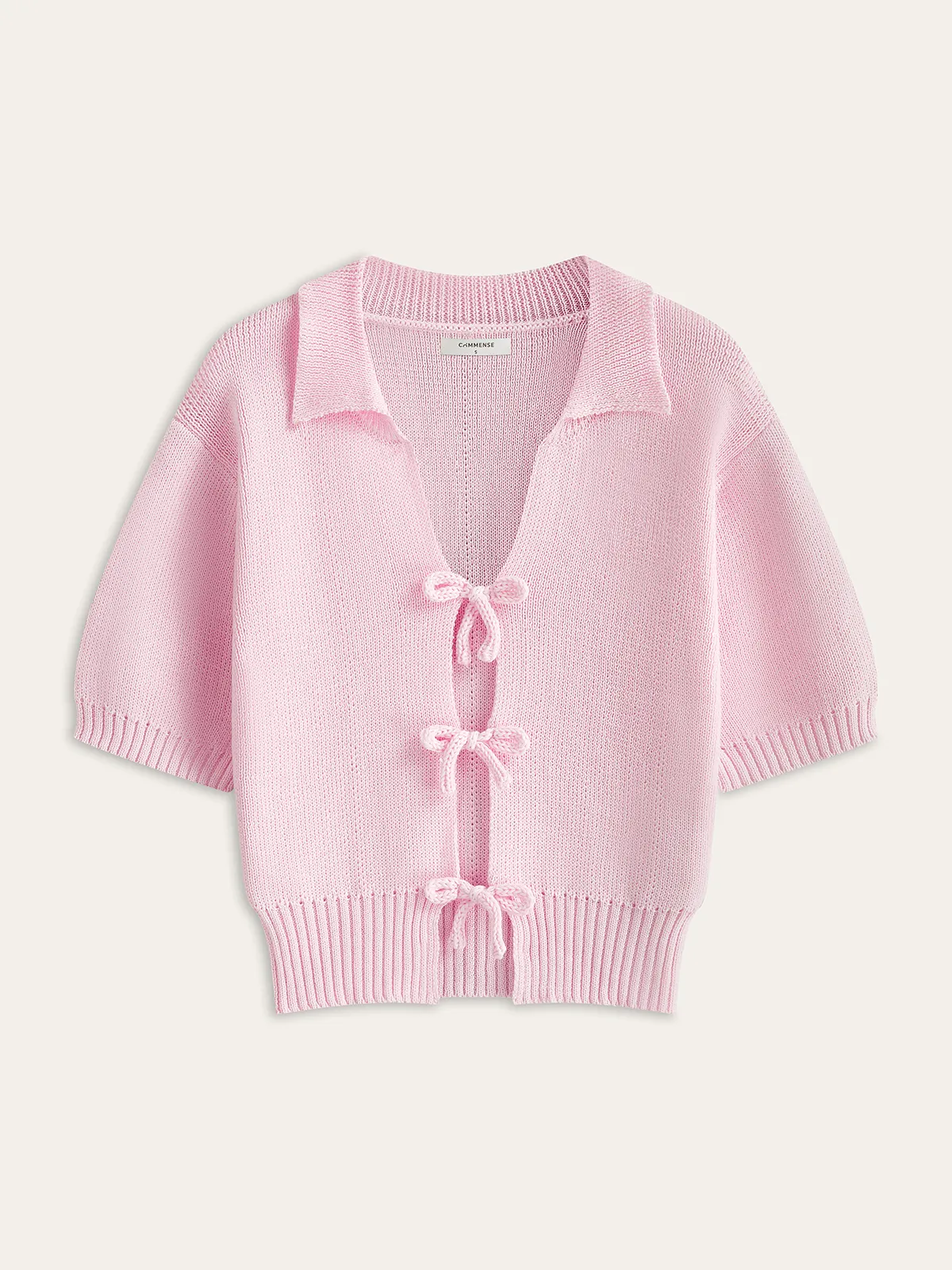 Short-Sleeved Knit Top with Bow Detail sold by COMMENSE