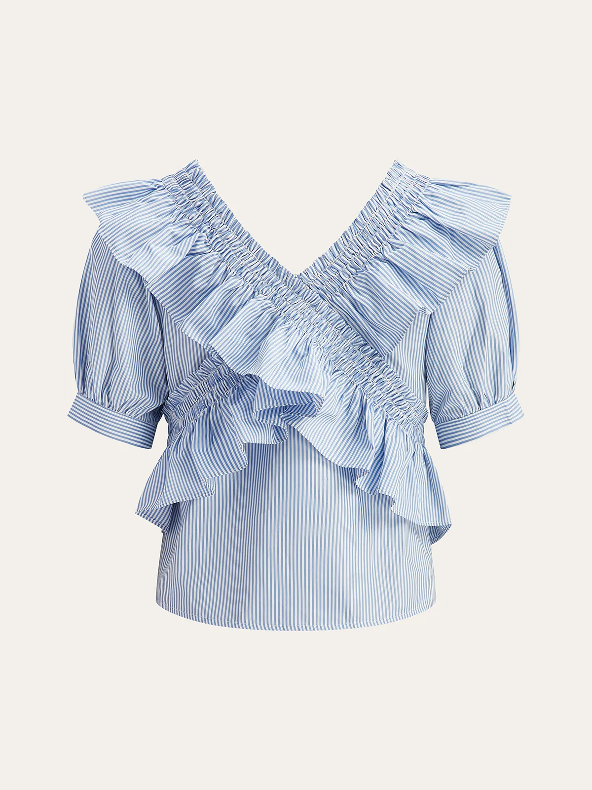 Striped Ruffle V-Neck Puff Sleeve Top sold by COMMENSE product image thumbnail 2