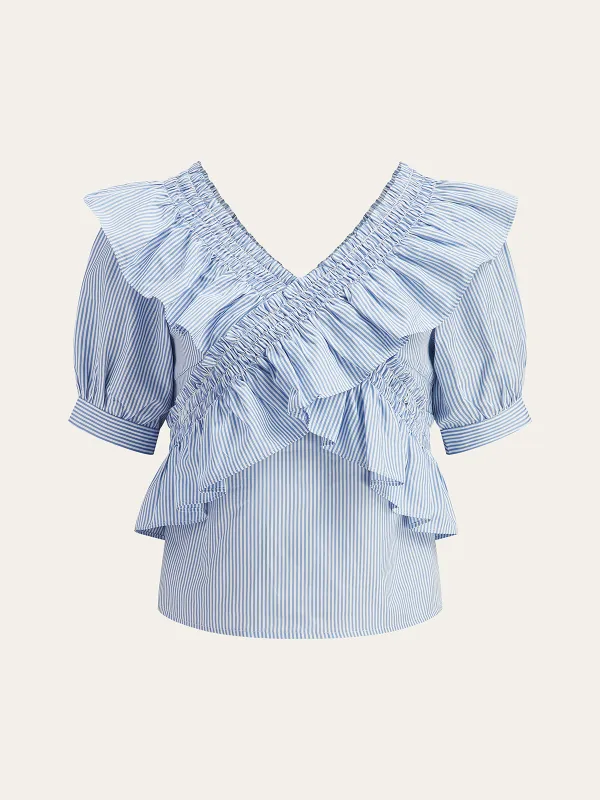 Striped Ruffle V-Neck Puff Sleeve Top sold by COMMENSE