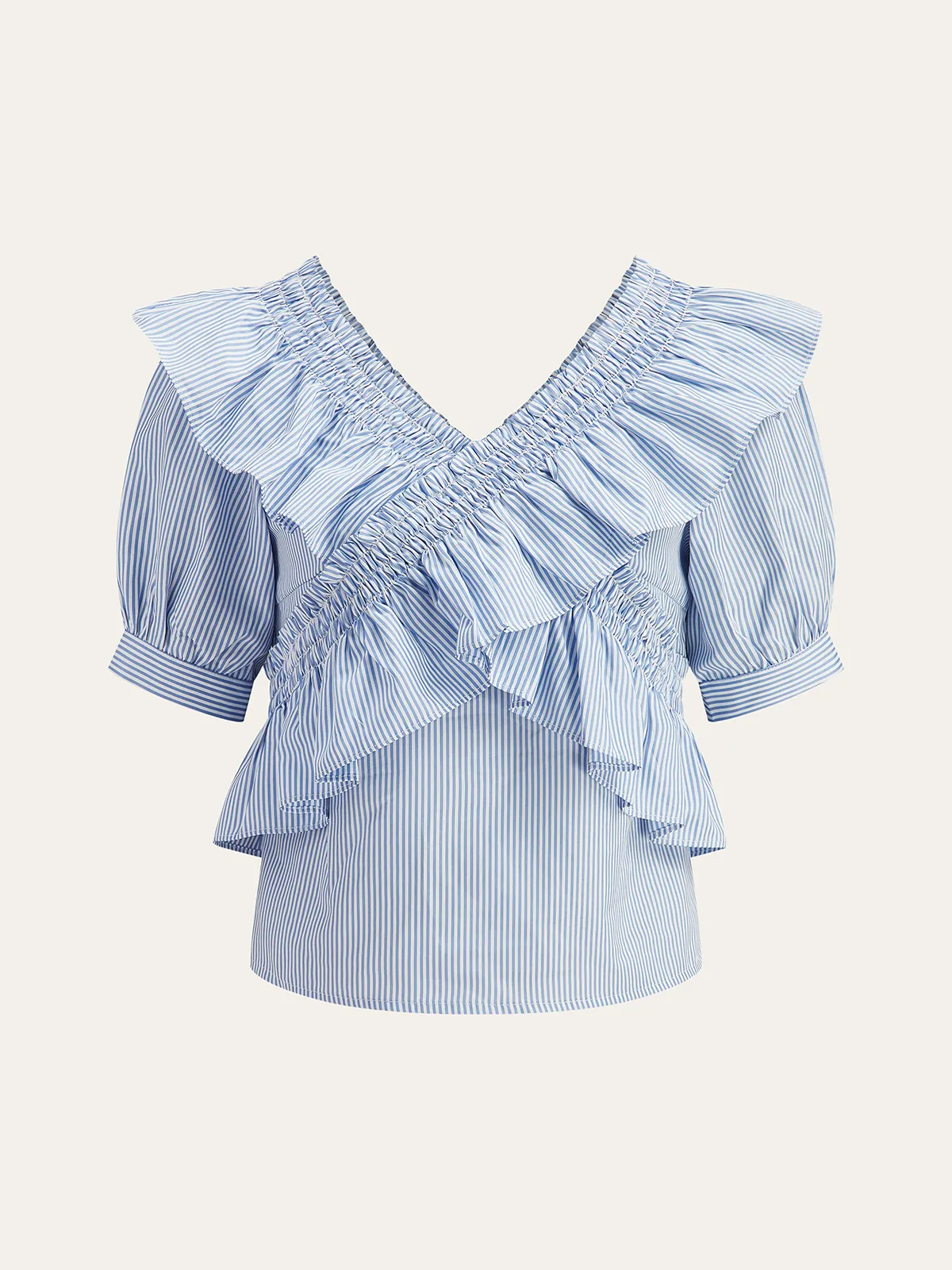 Striped Ruffle V-Neck Puff Sleeve Top sold by COMMENSE