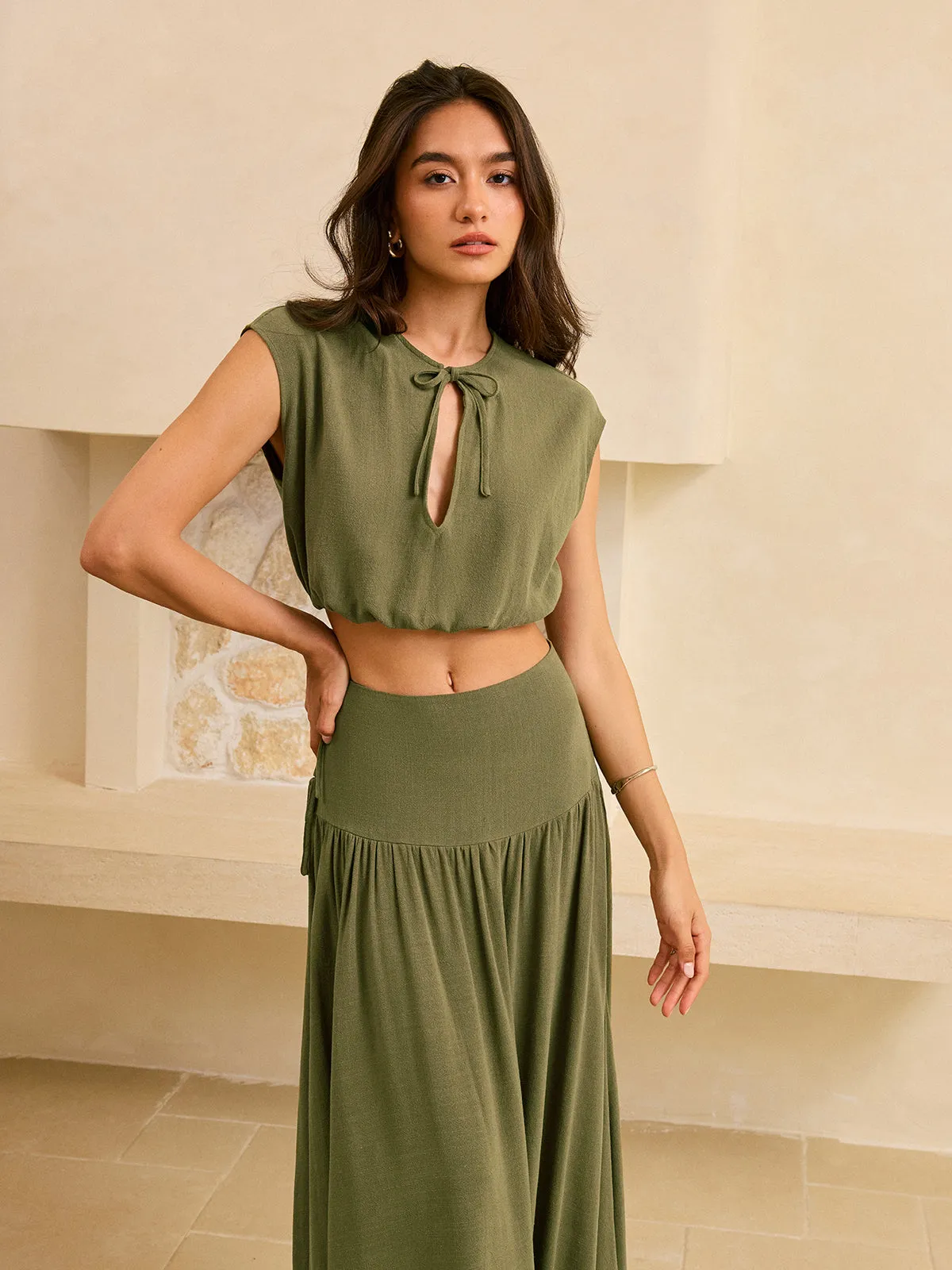 Tie-Detail Crop Top and Maxi Ruffled Skirt Set sold by COMMENSE product image thumbnail 4