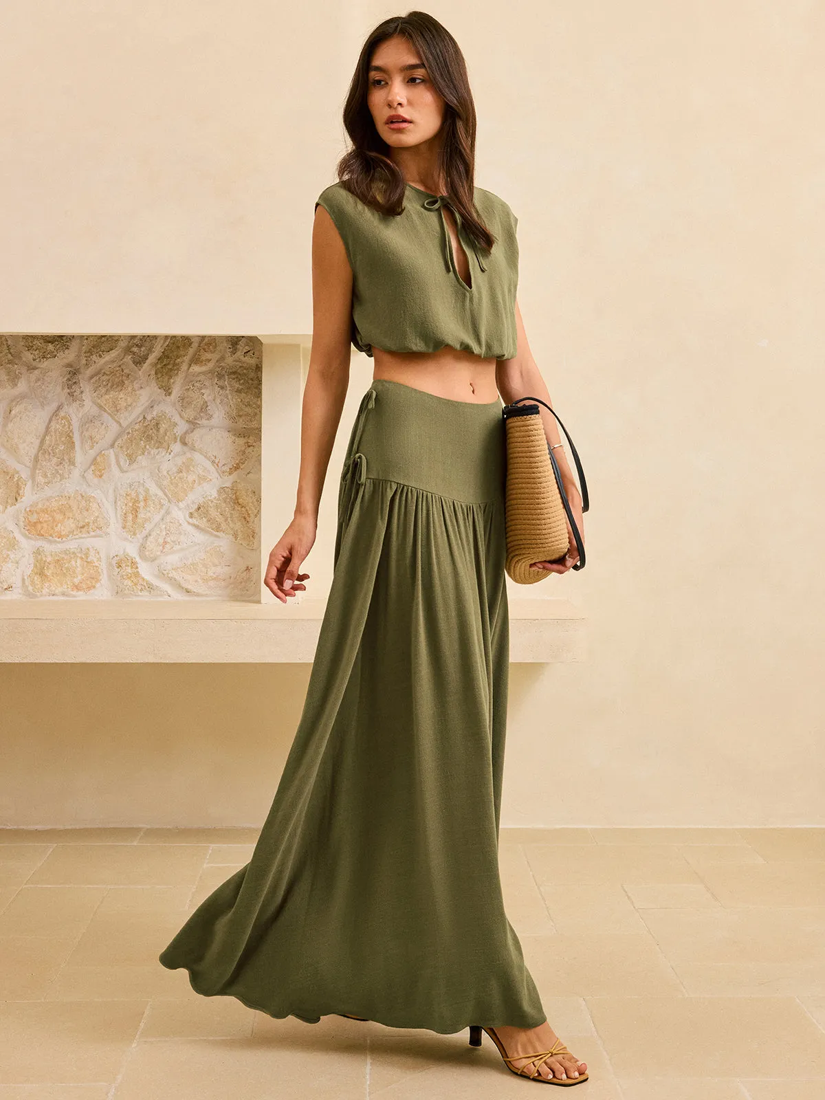 Tie-Detail Crop Top and Maxi Ruffled Skirt Set sold by COMMENSE