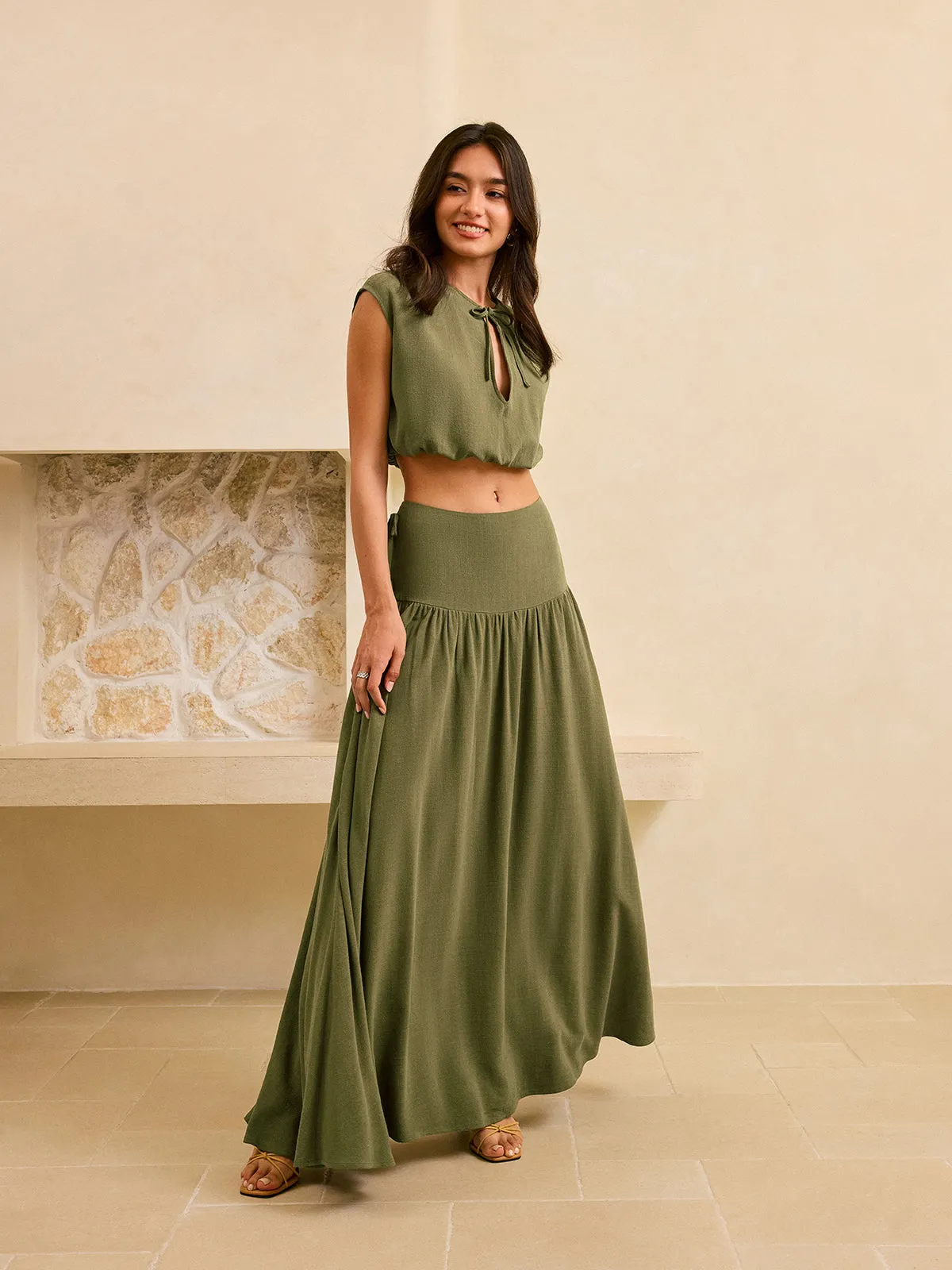 Tie-Detail Crop Top and Maxi Ruffled Skirt Set sold by COMMENSE product image thumbnail 3