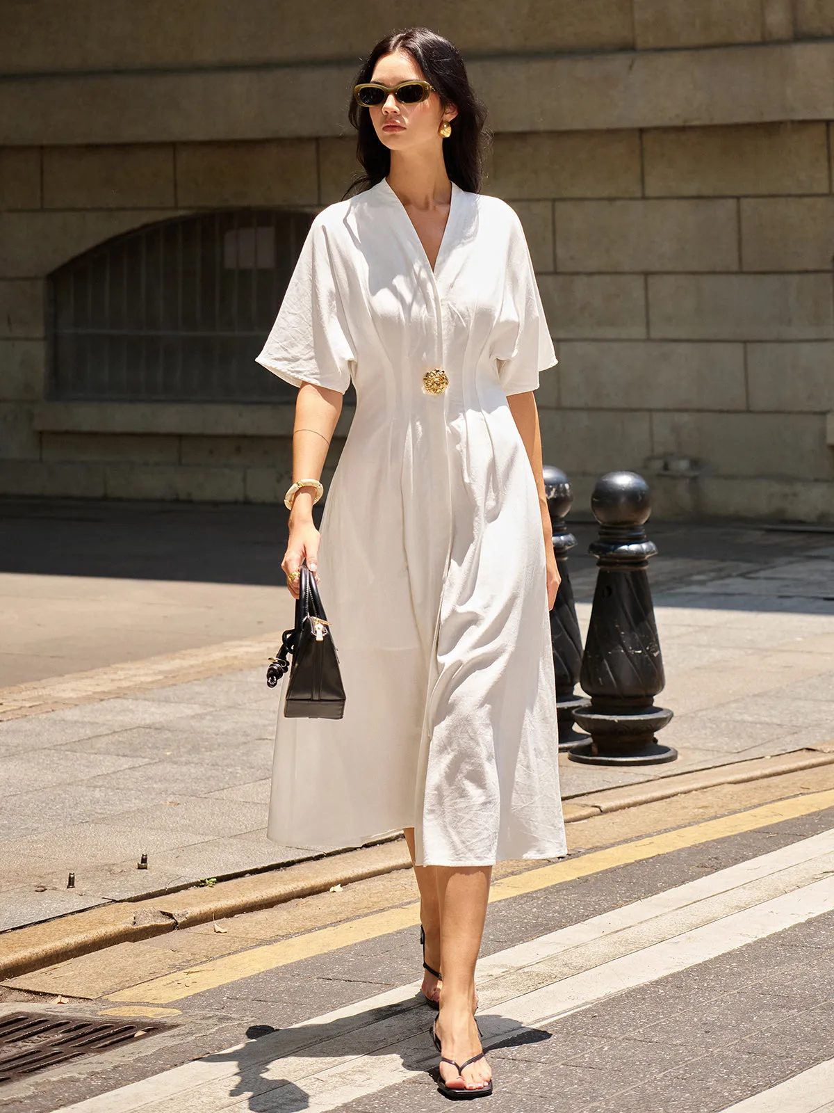 Metal Decor V-Neck Midi Dress sold by COMMENSE product image thumbnail 2