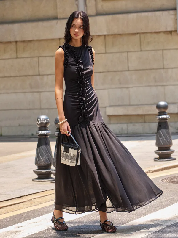 Ruffled Detail Ruched-Front Maxi Dress sold by COMMENSE